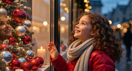 Happy girl looking at Christmas window display with reflection. Child in red coat admiring festive tree and baubles during winter holiday shopping