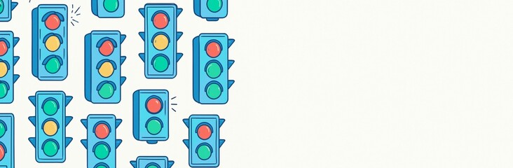 Traffic lights pattern on left side with red, yellow, green signals and blank light background for banner or poster copyspace concept. Ai generative