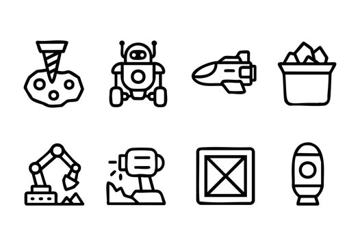 Various simple line drawings showcase robots, rockets, and construction tools, highlighting technological advancements and creativity. This artwork represents a playful take on future concepts.