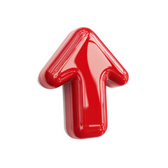 3D cartoon upward arrow icon, bright red glossy soft plastic texture, smooth and reflective surface, rounded edges, high detail, minimal clean style, isolated on white background,