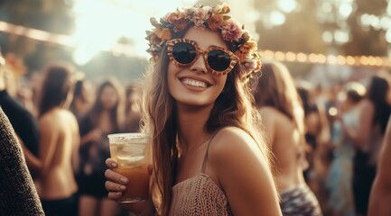 Woman enjoying outdoor music festival with drink. Happy young girl at summer party. Festive public event for advertising and promotion.