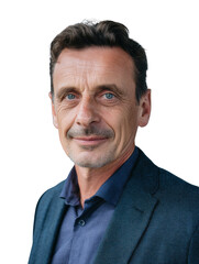 Fototapeta premium A handsome German man, half-length portrait, between 48 and 60 years old, with a just and satisfied expression, 