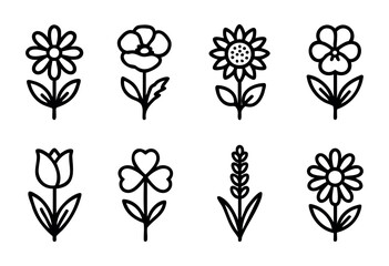 Fototapeta premium A collection of eight flower illustrations features different types of blooms, including daisies and sunflowers, displayed in a neat grid format. Each flower is outlined simply.