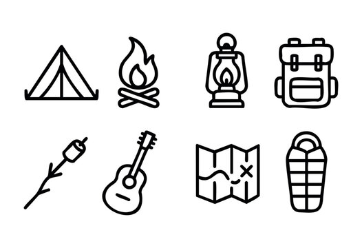 A collection of camping symbols including a tent, campfire, lantern, backpack, marshmallow stick, guitar, map, and sleeping bag to showcase outdoor activities and adventures.