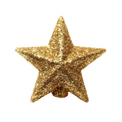 Gold glitter star, isolated on white background, Christmas tree topper, shiny --no tree, ornaments, shadow
