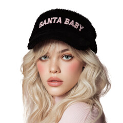 blonde high fashion model with soft pink blush on. She has a black santa hat on that says "Santa Baby."