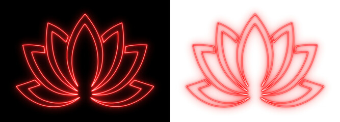 Glowing neon lotus symbol in red on dark and transparent backgrounds, minimalist spiritual floral line art design