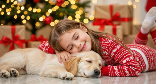 Cute girl and golden retriever puppy sleeping together near Christmas tree. Child hugging dog in red pajamas with gifts in background