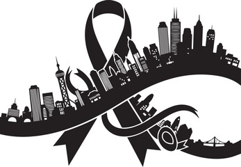 World aids day red ribbon skyline silhouette symbol of hope awareness and support