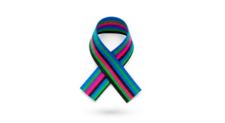 A colorful awareness ribbon with blue, green, pink, and black stripes on a white background isolated
