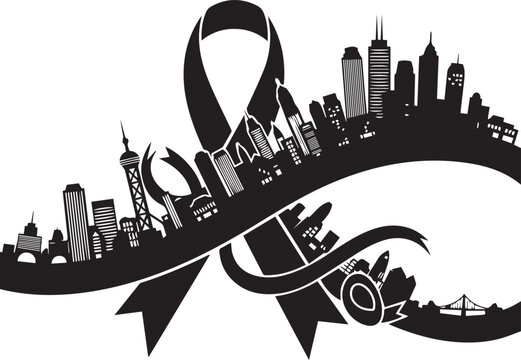 World aids day red ribbon skyline silhouette symbol of hope awareness and support