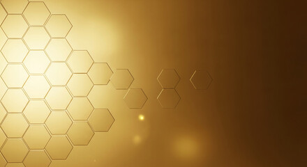 Golden background with hexagon pattern, displaying a geometric and luminous surface, symbolizing connection, innovation, and sophisticated design, free space