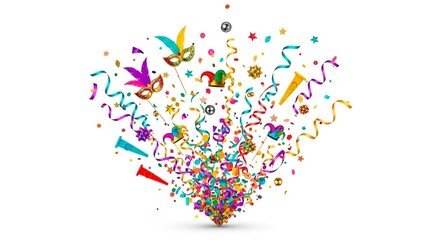 A vibrant explosion of confetti masks and streamers against a clean white background for celebration