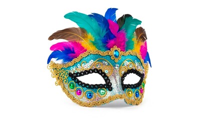 A colorful feathered masquerade mask with sequins and gold trim isolated on a white background studio shot