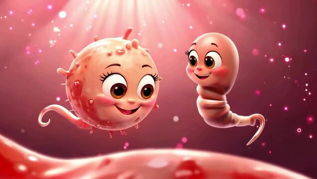 Cute cartoon sperm and egg character in a whimsical interaction