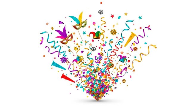 A vibrant explosion of confetti masks and streamers against a clean white background for celebration