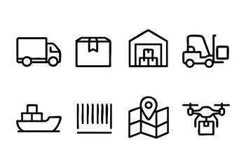 Various icons illustrate essential aspects of logistics, including transportation trucks, packages, storage facilities, and drones for modern delivery solutions.