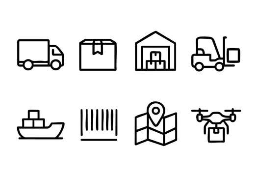 Various icons illustrate essential aspects of logistics, including transportation trucks, packages, storage facilities, and drones for modern delivery solutions.