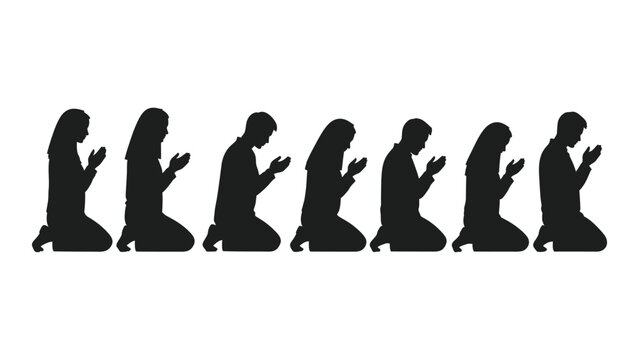 Silhouettes of people praying isolated on white background, Vector