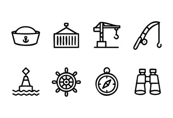 Several simple icons illustrate key maritime themes, including a boat, cargo container, crane, fishing hook, buoy, ship's wheel, compass, and binoculars against a clean background.