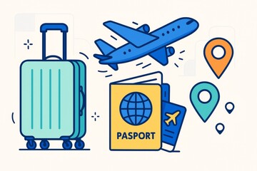 Travel illustration showing suitcase, airplane, passport, boarding pass, and location pins on light abstract background representing vacation journey. Ai generative