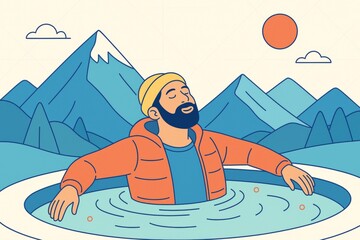 Man relaxing in hot spring surrounded by mountain landscape under sun with peaceful expression in minimal flat design style illustration. Ai generative