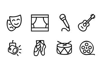 Different icons showcase elements of performing arts, including theater masks, a stage, a microphone, musical instruments, ballet shoes, and a film reel, conveying artistic expression.