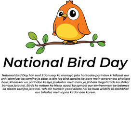 Cartoon orange bird on leafy branch with bilingual National Bird Day text in Urdu-Hindi-English