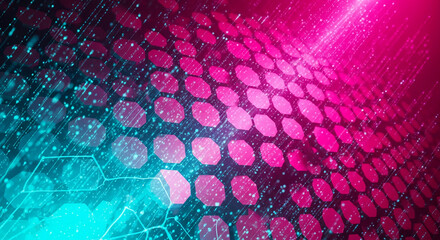 Abstract image featuring pink and cyan hexagonal patterns, sparkling particles and thin lines, representing connection, technology and future concepts