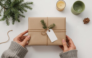A gift wrapped in kraft paper with a tag and elegant decor. Minimalist Winter Flat-Lay — holiday product mockup