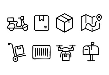 Illustrations depict various delivery methods, including scooters, drones, and packages, highlighting the logistics and transportation aspects of modern shipping services.