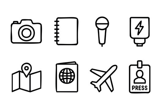 A collection of essential tools for travel and reporting, including a camera, notebook, microphone, and passport, typically used by journalists on assignments abroad.