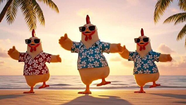 Three Funny Chickens Dancing on a Tropical Beach at Sunset.