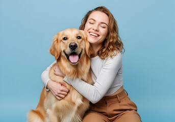 Young smiling happy cheerful owner woman with her best friend retriever wear casual clothes cuddle hug dog close eyes isolated on plain pastel light blue background studio. Take care about pet concept