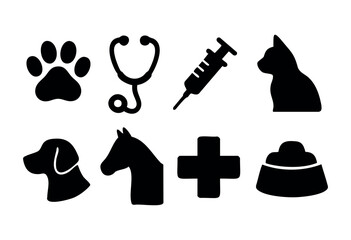A collection of simple black icons including a paw print, stethoscope, syringe, cat, dog, horse, cross, and pet food bowl, promoting animal health and veterinary services.
