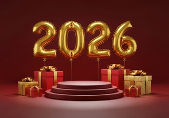 Golden balloons spelling out twenty twenty six above gifts and a stage