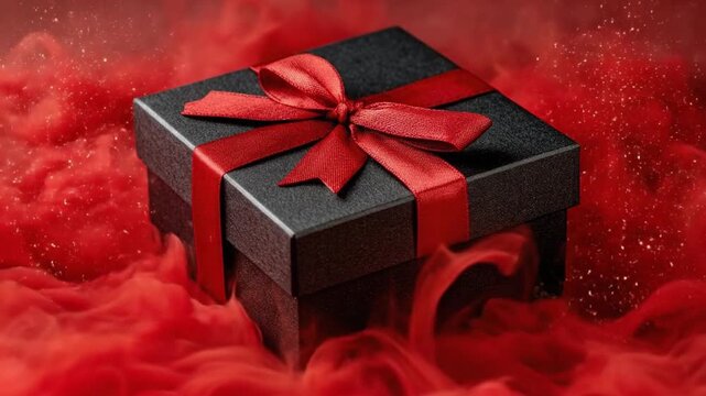 A square black gift box tied with a shiny red ribbon and bow is enveloped in dense billowing red smoke and sparkling particles