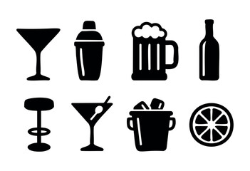 Different drink icons are displayed, including cocktail glasses, a beer mug, a shaker, and citrus fruit. These images showcase common bar items used in mixology.