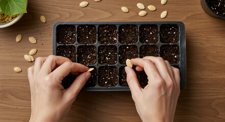 Hands planting pumpkin seeds in a seedling tray from a top view. Sowing vegetable seeds in soil for a home gardening hobby. Flat lay composition