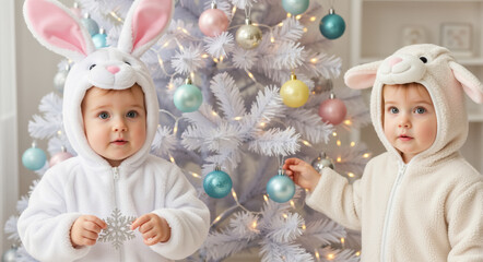 Cute babies in bunny and sheep costumes near white Christmas tree. Toddlers in animal onesies holding ornaments