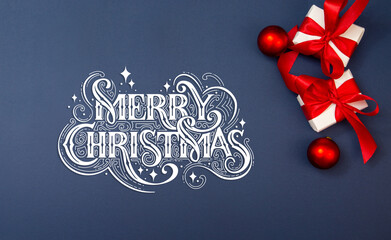 Merry Christmas and Happy New Year greeting card, frame, and banner. Holidays design. Noel and Feliz Navidad. Christmas gifts and decorations, top view. Flat lay.