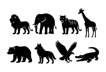 Fototapeta premium Silhouettes showcase a lion, elephant, tiger, giraffe, bear, wolf, eagle, and crocodile, illustrating the rich variety of wildlife and their distinct shapes in natural settings.