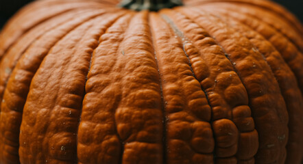 Detailed macro texture of an orange pumpkin's skin. Autumn harvest gourd close-up for Halloween and Thanksgiving background