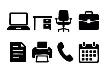 A collection of office items including a laptop, desk, chair, briefcase, documents, printer, phone, and calendar, showcasing a well-equipped workspace ideal for productivity.