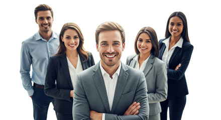 Confident male leader smiling at the camera with his diverse team behind him, isolated on transparent background