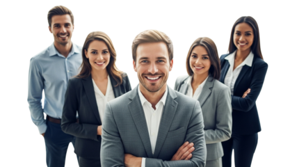 Confident male leader smiling at the camera with his diverse team behind him, isolated on transparent background