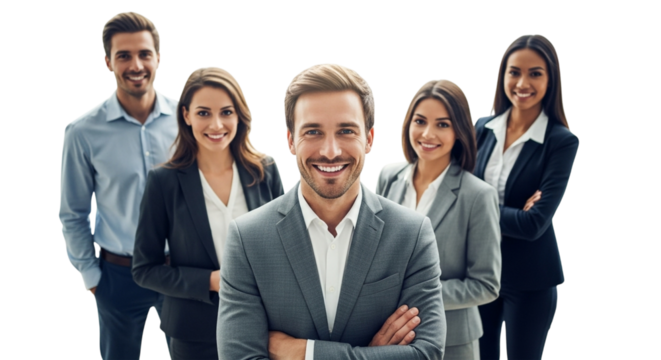 Confident male leader smiling at the camera with his diverse team behind him, isolated on transparent background - Powered by Adobe