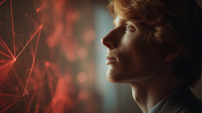 Focused Human Portrait with Warm Light and Geometric Reflections Symbolizing AI Cognition