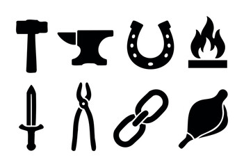 Fototapeta premium Various blacksmithing tools and symbols are displayed, including a hammer, anvil, horseshoe, flame, sword, pliers, chain, and a leather piece. These items represent metalworking activities.