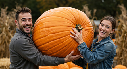 Happy couple holding a giant pumpkin at a farm. Smiling man and woman enjoying a seasonal autumn activity together